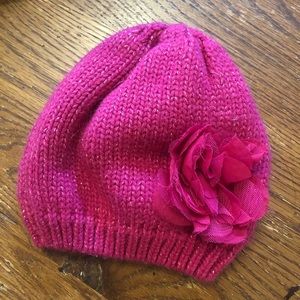 Toddler hat pink knit with sparkles and flower